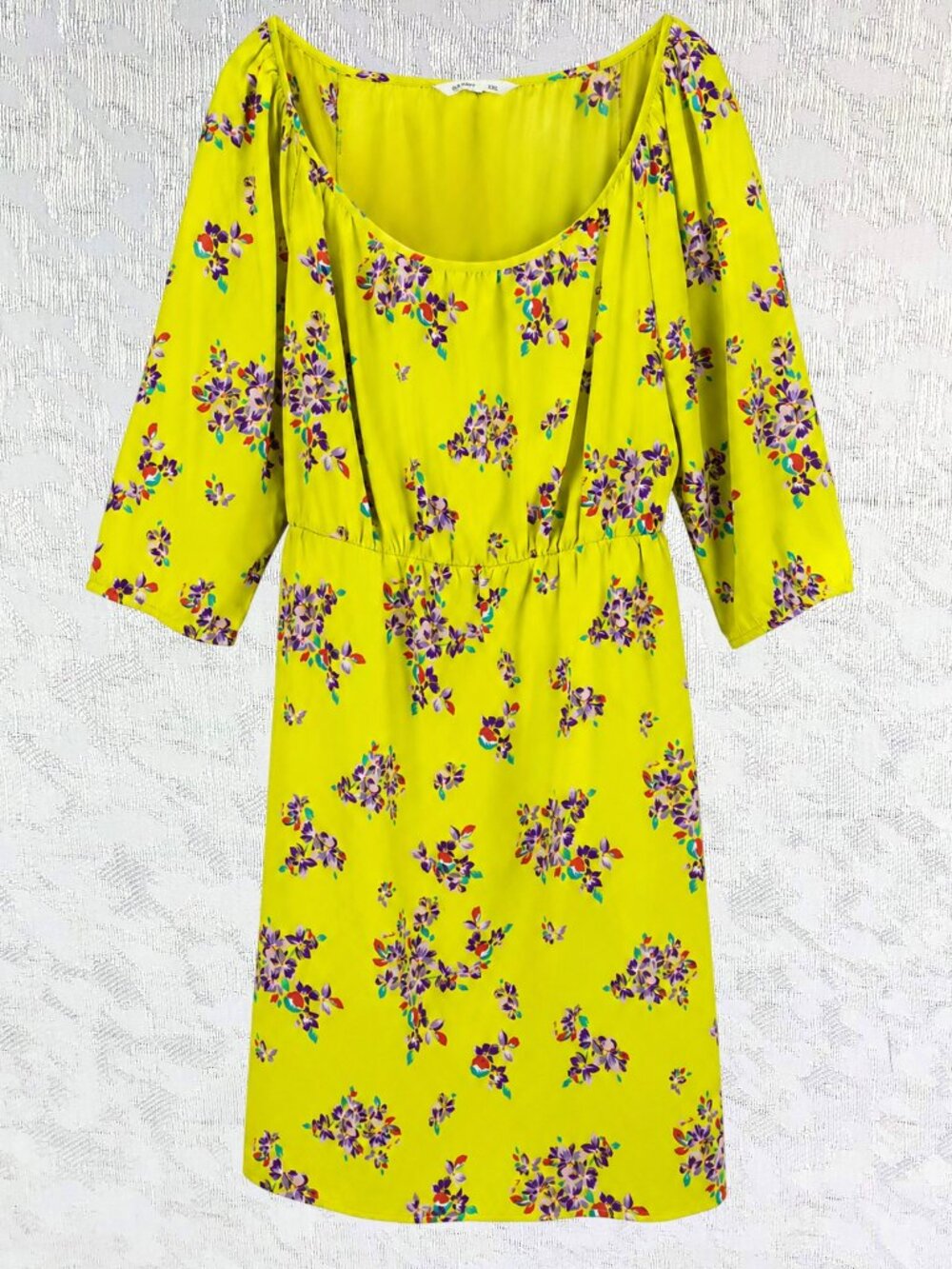 Old Navy Yellow Floral Dress Flowy Scoop Neck 3/4 Sleeve Elastic Waist Size XL